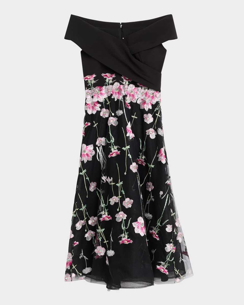 Off-Shoulder Embroidered Tulle Midi Dress